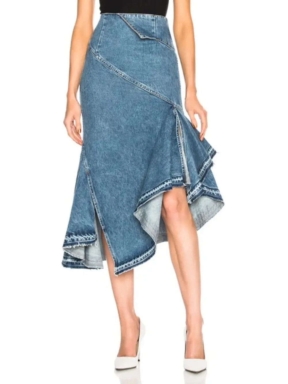 MONSE Trumpet Blue Asymmetric High-Low Denim Skirt with Ruffle Hem